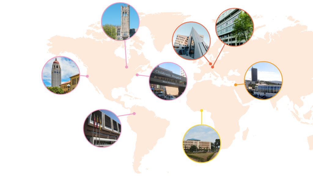 Photos of university buildings framed within a circle and mapped to different parts of a world map